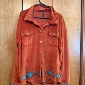Women's Rust Button-Front Jacket with Embroidered Hem